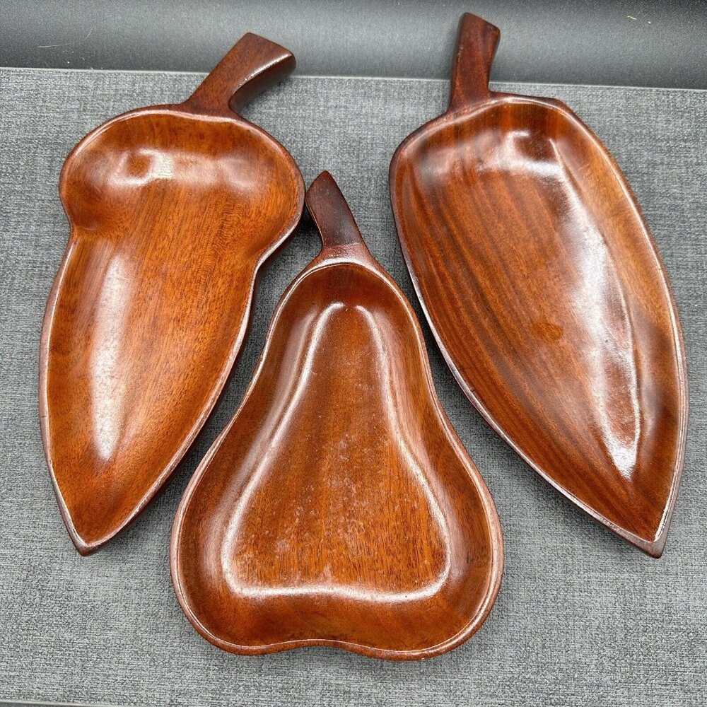 Vintage Hand Carved Wooden Fruit Snack Trays Boho Folk Art Set of 3